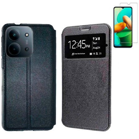 Funda Xiaomi Redmi 15C 4G - Poco C85 4G (6.9) Negro Libro Ventana + Protector de Pantalla Cristal templado 9H