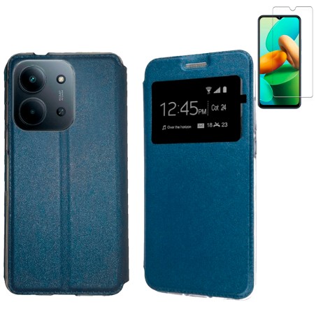 Funda Xiaomi Redmi 15C 4G - Poco C85 4G (6.9) Azul Libro Ventana + Protector de Pantalla Cristal templado 9H