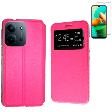 Funda Xiaomi Redmi 15C 4G - Poco C85 4G (6.9) Rosa Libro Ventana + Protector de Pantalla Cristal templado 9H