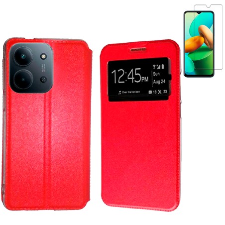 Funda Xiaomi Redmi 15C 4G - Poco C85 4G (6.9) Rojo Libro Ventana + Protector de Pantalla Cristal templado 9H