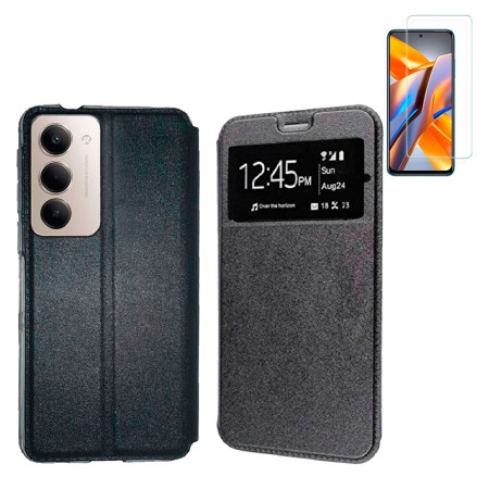 Funda Xiaomi Redmi 15 4G (6.9) Negro Libro Ventana + Protector de Pantalla Cristal templado 9H