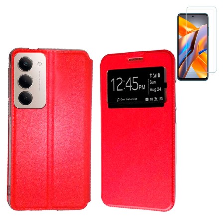 Funda Xiaomi Redmi 15 4G (6.9) Rojo Libro Ventana + Protector de Pantalla Cristal templado 9H