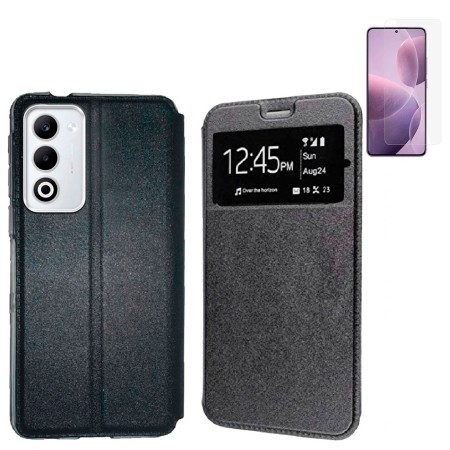 Funda Oppo A5 2025 (6.67) Negro Libro Ventana + Protector de Pantalla Cristal templado 9H