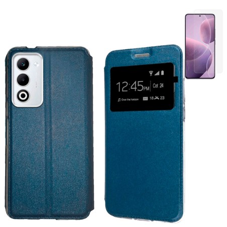 Funda Oppo A5 2025 (6.67) Azul Libro Ventana + Protector de Pantalla Cristal templado 9H