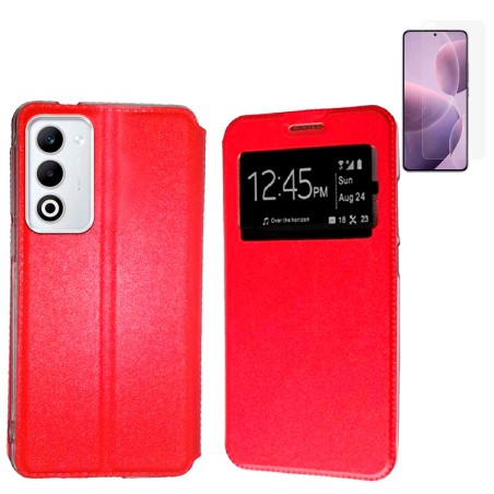 Funda Oppo A5 2025 (6.67) Rojo Libro Ventana + Protector de Pantalla Cristal templado 9H