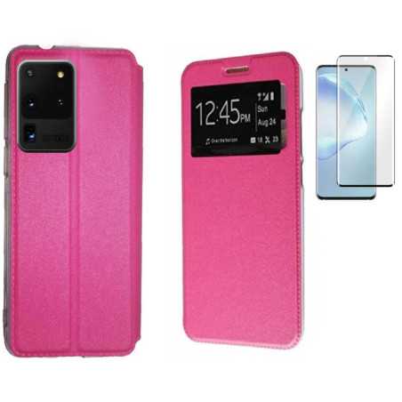 Funda Samsung Galaxy S20 Ultra Rosa Libro Ventana + Protector 3D CURVADO COMPLETO