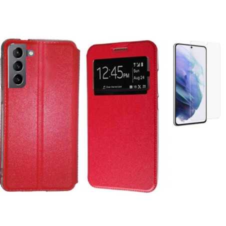 Funda Samsung Galaxy S21 FE Roja Libro Ventana + Protector