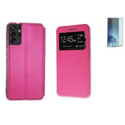 Funda Samsung Galaxy S21 Ultra (6.8) Rosa Libro Ventana + Protector 3D CURVADO COMPLETO